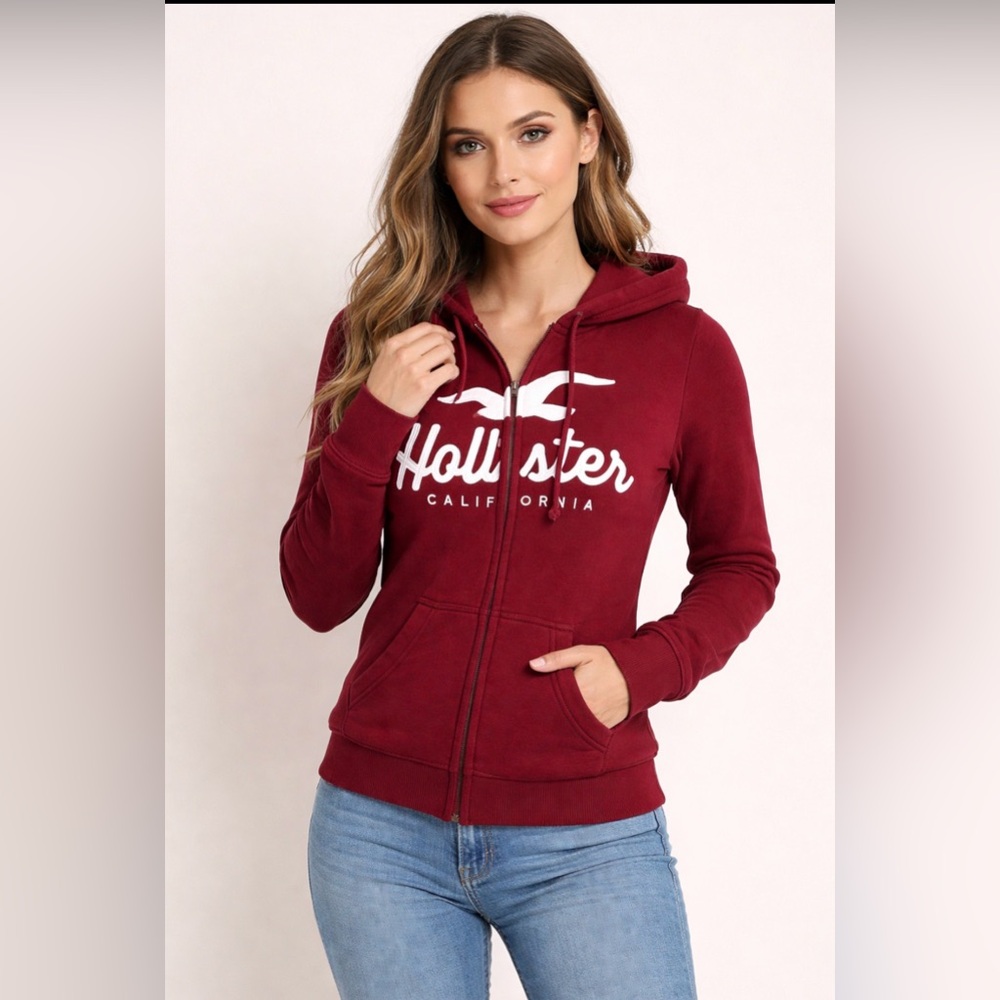Hollister Maroon Full Zip Hoodie with White Logo Faux Fur Lining Size XS